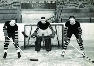 Three Tigers, circa 1930, in front of Baker Rink’s distinctive stonework. 
