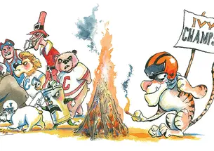 Mascots at a bonfire