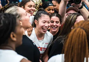Kaitlyn Chen ’24, at center above, celebrates a third Ivy Tournament title 