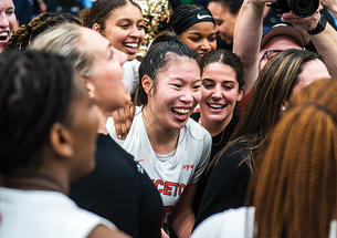 Kaitlyn Chen ’24, at center above, celebrates a third Ivy Tournament title 