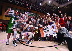 Princeton women’s basketball celebrates its NCAA Tournament bid after winning Ivy Madness in 2022.