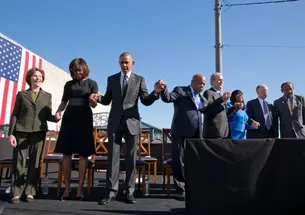 Rep. Terri Sewell â86, third from right, took part in the March 7 Selma commemoration with President Barack Obama and former President George W. Bush. (Official White House Photo by Pete Souza)