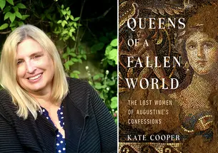 Left, Kate Cooper *93; right, the cover of her book, "Queens of a Fallen World," with a photo of a mosaic of a woman, probably ancient Roman.