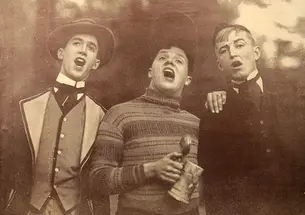 From left, Jimmy Stewart ’32, Joshua Logan ’31, and Marshall Dana ’32 rehearse for their “Drinking Song” number.