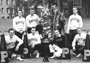 Cheerleaders — along with the Princeton Tiger and “Princeton Charlie” ­— in 1950.