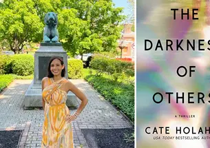 The left side of this image is Cate Holahan ’02 posing in front of a tiger statue during Reunions; the right side is the cover of her upcoming book, "The Darkness of Others."