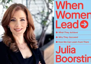 The left side of this image is a photo of Julia Boorstin ’00; the right side is the cover of her book, When Women Lead.
