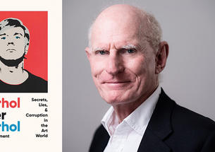 Left, the cover of "Warhol After Warhol"; right, Richard Dorment.