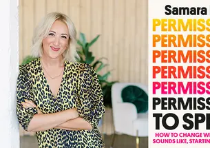 Samara Bay ’02 on the left, with the cover of her book "Permission to Speak" on the right.