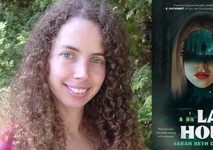 Left, Sarah Beth Durst ’96; right, the cover of "The Lake House," with an illustration of a girl's head where you can see through her forehead to a forbidding forest scene.