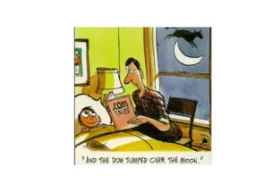 A father reading a book to his son titled ".com tales" with a caption of "And the Dow jumped over the moon". In the background, the cow is jumping over the crescent shaped moon.