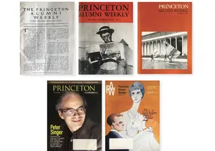 Old PAW covers, including the first-ever one from 1900 that's all text, one showing students wind surfing on the Freedom Fountain, and one with a photo of Peter Singer.