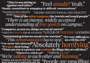 Word art featuring quotes from the story, including "Campuses, as you see, things are out of control," and "I need to stand up for my students."