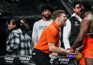 Joe Dubuque yells at Quincy Monday ’23, who’s now an assistant coach.