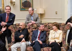 The panelists: from left, Eddie S. Glaude Jr. *97, Todd Purdum ’82, David Spergel ’82, William Russel (standing), Sean Wilentz, Elizabeth Bogan, Emily Thompson *92, and Michael Wood.