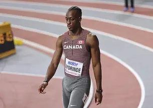 Ibrahim Ayorinde ’23 prepares for his heat at the World Indoor Championships in Glasgow, Scotland, in March. 