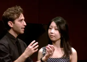 Anthony Roth Costanzo ’04 with soprano Lydia Lim ’15 during an opera master class at Taplin Auditorium in September.
