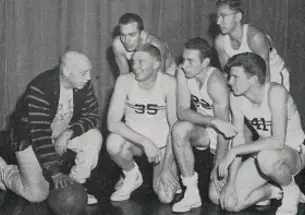 Coach Cappy Cappon in 1958 with, from left, Jim Brangan â60, David Fulcomer â58, Carl Belz â59, Artie Klein â60, and Joseph Burns â59. Herman Belz â59 replaced Fulcomer in the 1958-59 âiron five.â (Photo: PAW Archiv