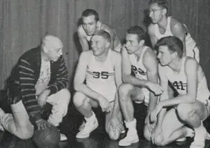 Coach Cappy Cappon in 1958 with, from left, Jim Brangan â60, David Fulcomer â58, Carl Belz â59, Artie Klein â60, and Joseph Burns â59. Herman Belz â59 replaced Fulcomer in the 1958-59 âiron five.â (Photo: PAW Archiv