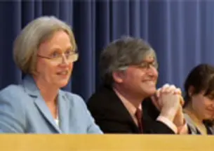 From left, President Tilghman, Professor Gideon Rosen *92, and Amy Solomon ’14.