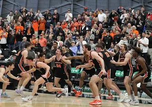 Players celebrate near the bench