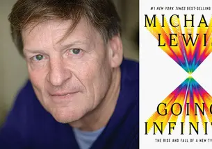 Portrait of author Michael Lewis and cover of his book Going Infinite