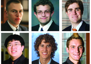 At top from left, Princeton scholars Stephen Hammer ’09, Scott Moore ’08, and Timothy Nunan ’08. Bottom row, from left, Michael Shih ’09, Michael Solis ’07, and Alexander Barnard ’09.