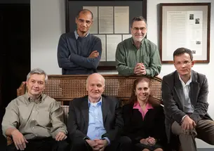 Researchers in Princeton’s Program in Science and Global Security: Sitting, from left, Chris Chyba, Frank von Hippel, Laura Kahn *02, and Alex Glaser. Standing, from left, Zia Mann and Harold Feiveson *72.