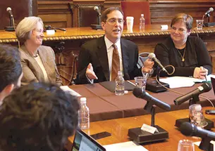 pres-page_3.jpg President-elect Chris Eisgruber ’83 meets the press, flanked by Board of Trustees Chair Katie Hall ’80 and me.