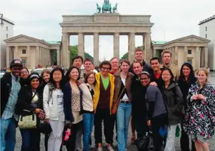 Princeton-in-Munich students gather in front of Berlin’s Brandenburg Gate with their academic director, German department chair Michael Jennings (back row, center). 