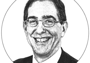 Black-and-white photo of Christopher Eisgruber ’83 in a circle 