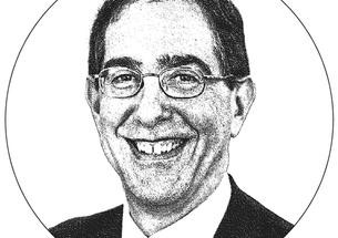 Black-and-white photo of Christopher Eisgruber ’83 in a circle 