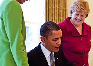 Wells Professor of Economics and Public Affairs Cecilia Rouse (left) and former Princeton faculty member Christina Romer join President Obama in the Oval Office in their roles as members of his Council of Economic Advisers.