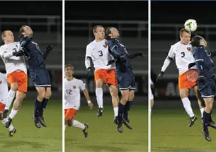 Myles McGinley ’15, shown heading the ball, was one of several players who participated in a season-long study of head impacts.