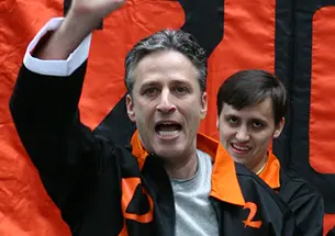 Jon Stewart, an honorary member of the Class of 2004, at Class Day. (Denise Applewhite/Office of Communications; published in the July 7, 2004, issue of PAW)