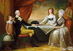The Washington Family, by Edward Savage, part of the Mellon Collection at the National Gallery of Art, shows the first president with wife Martha, her granddaughter Eleanor, and grandson George Washington Parke Custis, then 10 years old.