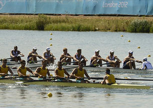 July 28: Eight rowing alumni, representing three countries, competed in the Olympic regatta at Eton Dorney. Sam Loch '06, foreground, third from right, helped Australia reach the finals in the men's eight. 