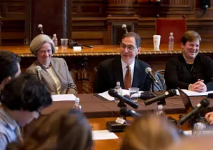 Provost Christopher Eisgruber ’83 answers a question during the University's announcement April 21 that he will succeed Shirley Tilghman, left, as president July 1. At right is Kathryn Hall '80, chairwoman of the Board of Trustees and head of the presid