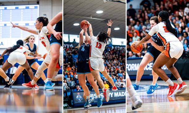 Three views of defense: Kaitlyn Chen ’24 steps into the passing lane, Ashley Chea ’27 rises for a block; Madison St. Rose ’26 reaches to try for a steal.