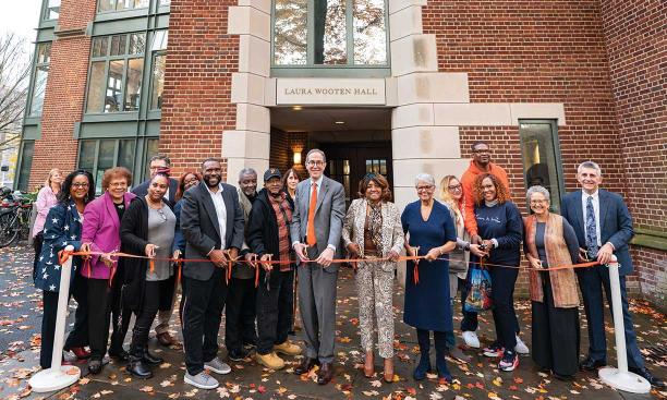 Family members including Yvonne Hill, at right of President Eisgruber ’83, joined elected officials and Princeton faculty for the dedication of Laura Wooten Hall on Oct. 26.