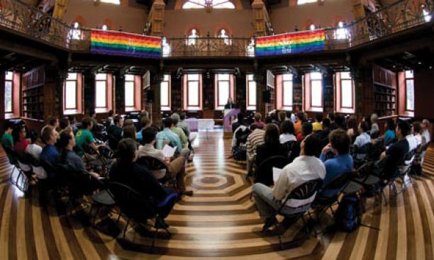 Rainbow banners enliven Chancellor Green at the May 9 “lavender graduation” for lesbian, gay, bisexual, and transgender students.