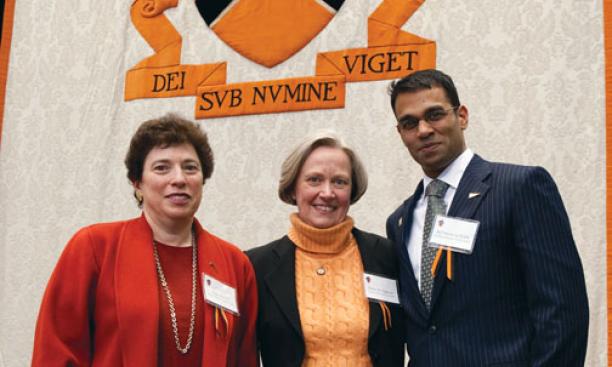 President Tilghman with Claire Max *72, left, winner of the James Madison Medal, and Rajiv Vinnakota ’93, recipient of the Woodrow Wilson Award.