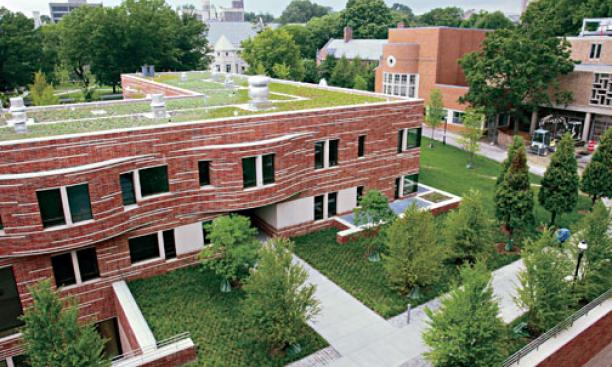 The green roof of Dormitory A, with Wu Hall at right. Whitman College’s Community Hall is at top, center.