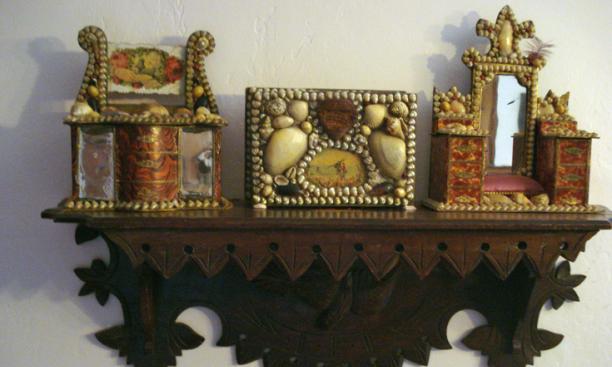 The antique Eastlake shelf is from an Ohio seller. The three Victorian shell art seaside souvenirs are from different sellers.