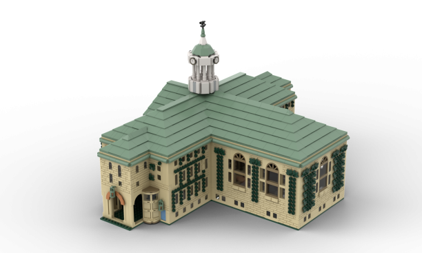 A rendering of the back of Nassau Hall in Legos.
