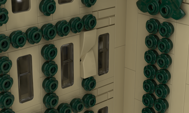 A close-up of the windows and ivy made with Legos.