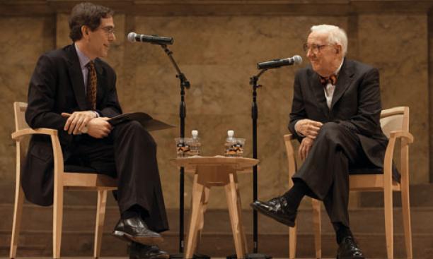 Former Supreme Court Justice John Paul Stevens, right, is questioned by Provost Christopher Eisgruber '83, one of Stevens’ former law clerks, during a conversation in Richardson Auditorium.