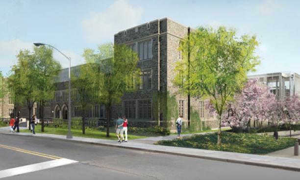 A rendering of the renovated 20 Washington Road building, with entrances at left and onto Scudder Plaza at right.