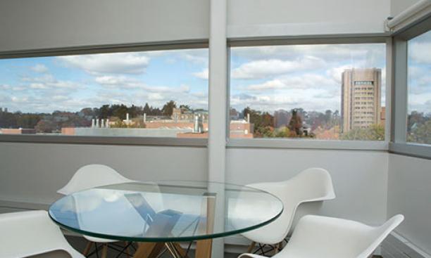 Offices feature architect-designed furnishings and expansive windows.