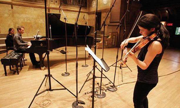For a recording of music professor Steve Mackey’s “Sonata for Violin and Piano,” Jennifer Frautschi played violin and John Blacklow played piano in Richardson Auditorium.